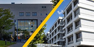 Gebäude der Fakultät für Technik mit einem Schrägstrich daneben Gebäude der Fakultät für Wirtschaft und Recht.