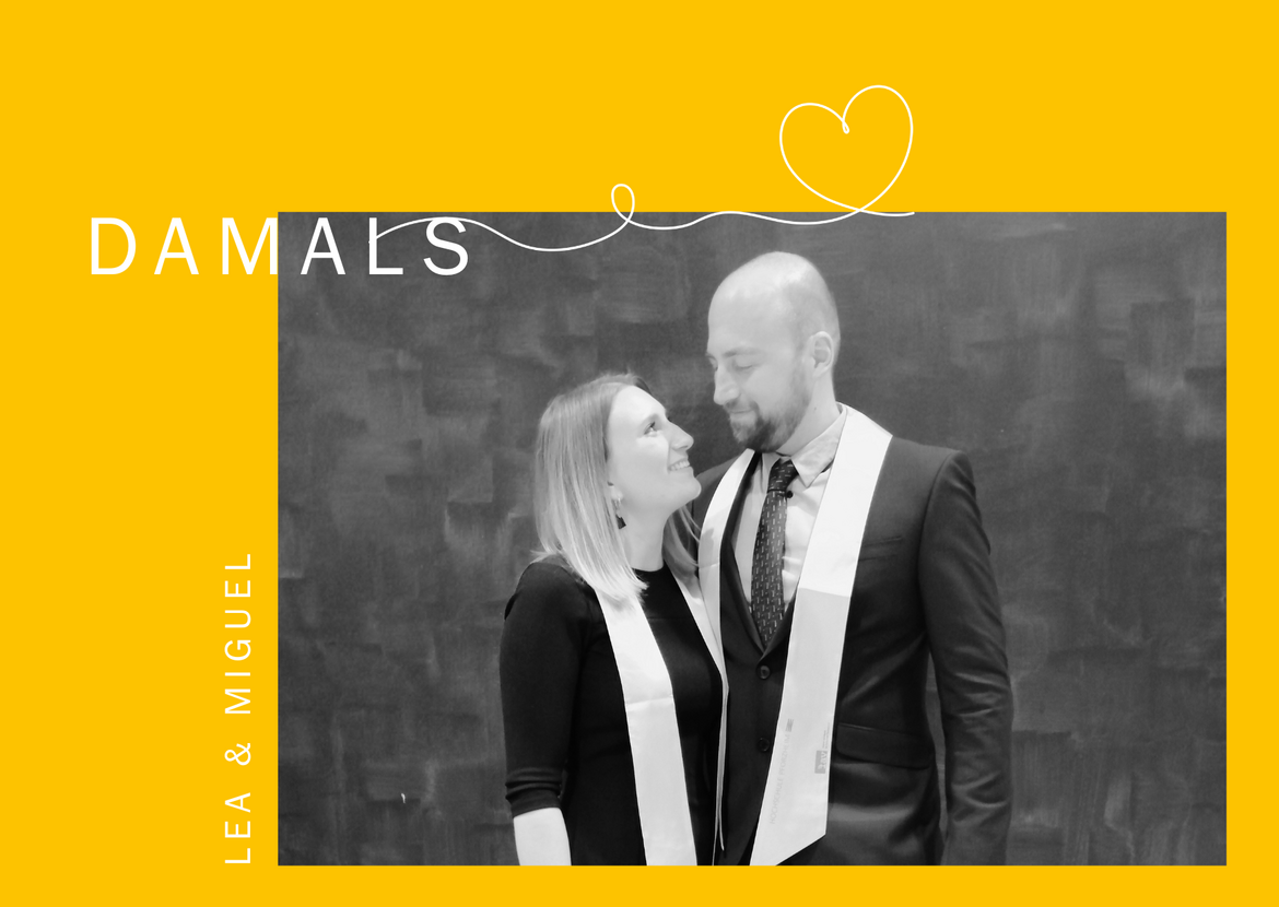 Paar Lea und Miguel am Tag ihres Abschlusses an der Hochschule Pforzheim (Laudatio).